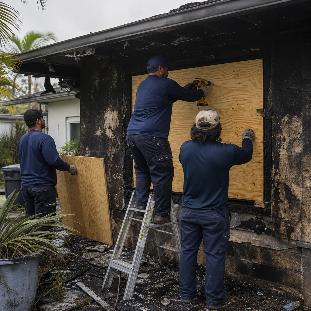 Restoration crew boarding up fire-damaged house windows