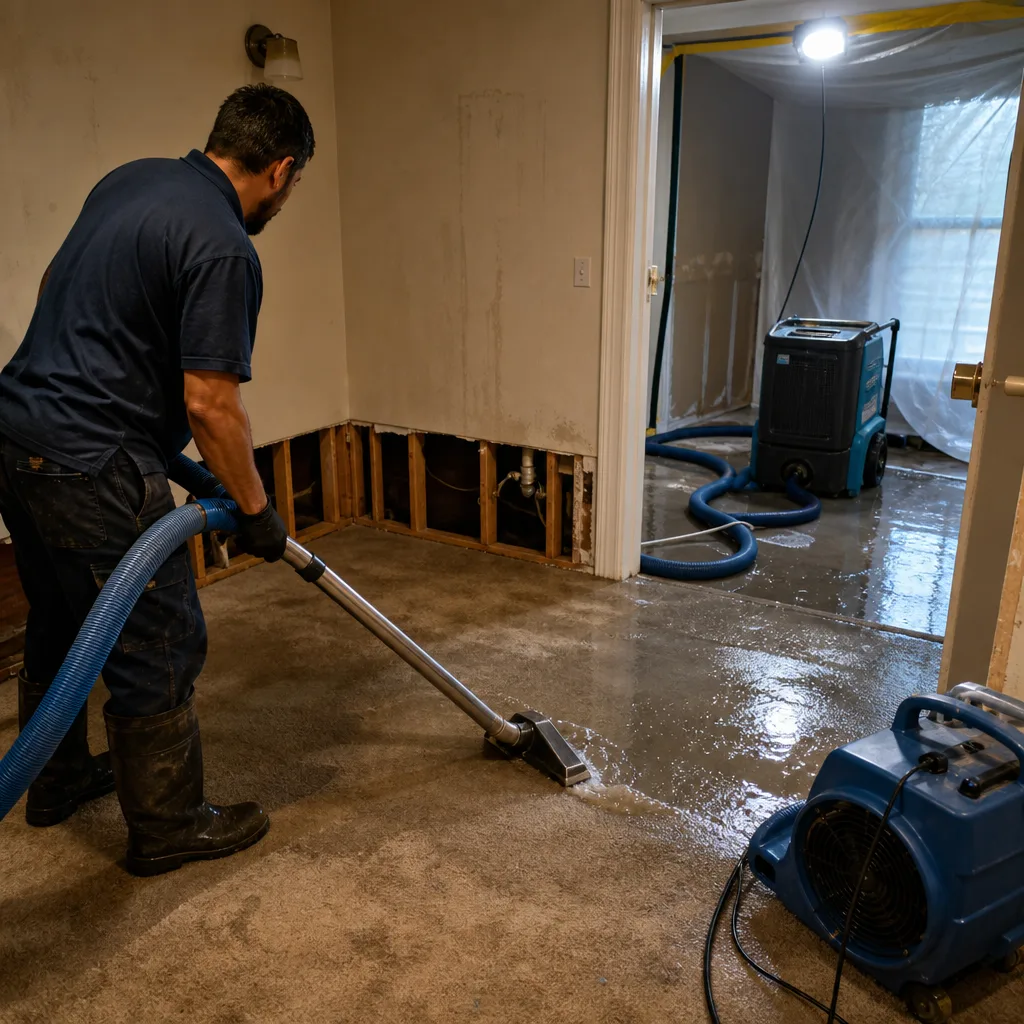 Water damage restoration technician using professional extraction equipment to remove flood water