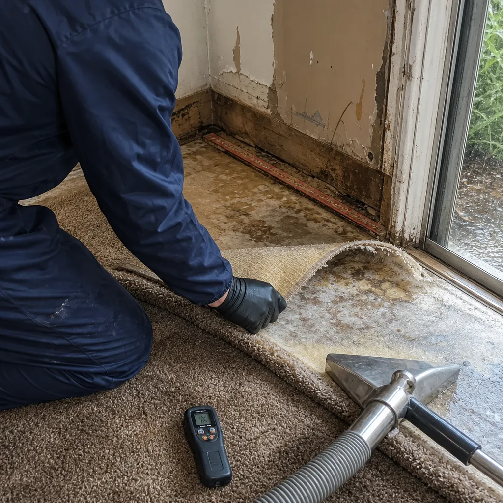 Professional performing water damage restoration on carpeted floor